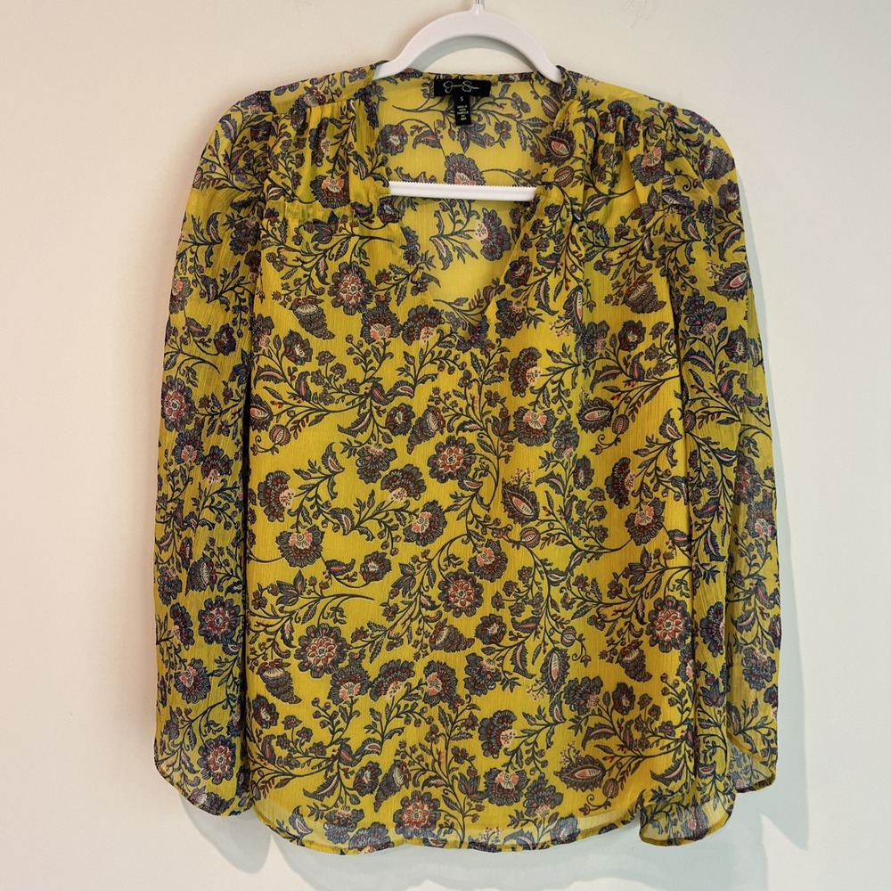 Jessica Simpson Yellow Paisley Floral Boho Lightweight Blouse Top Size Small